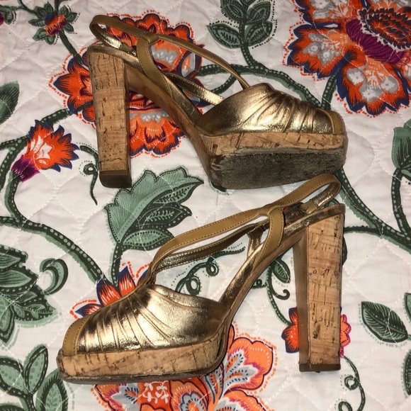 Prada Leather Gold Cork Slingback Heels size 38.5 - Picture 5 of 16